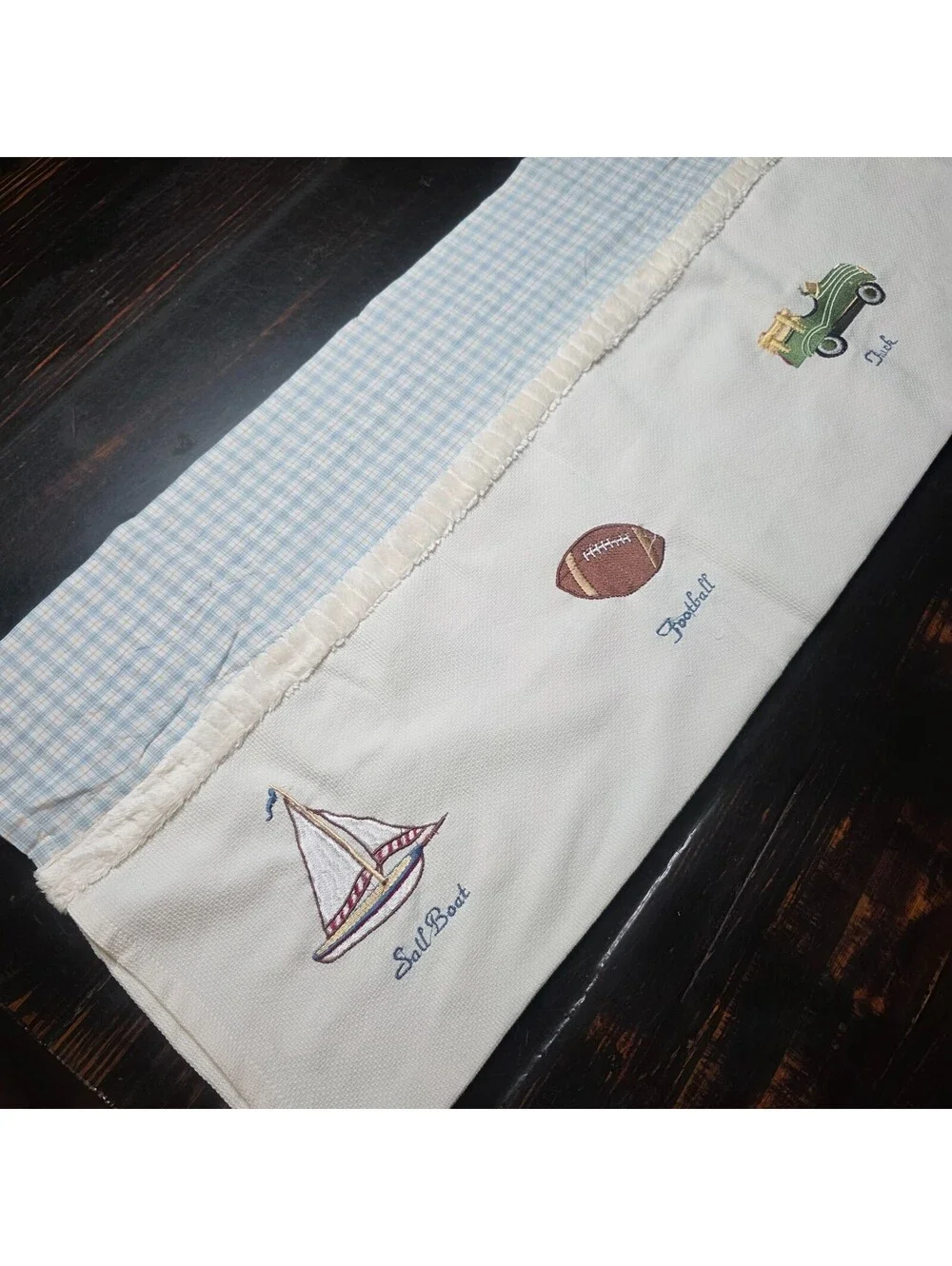 Vintage Kids Embroided Gingham Window Valance Shabby Sports Boys Nursey 58'